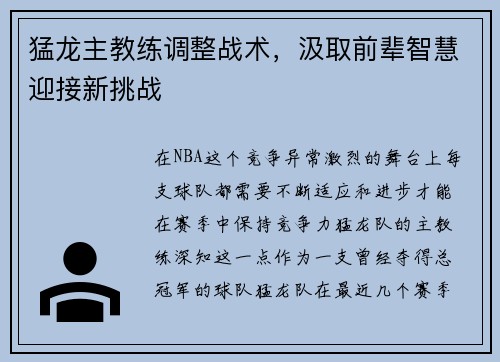 猛龙主教练调整战术，汲取前辈智慧迎接新挑战