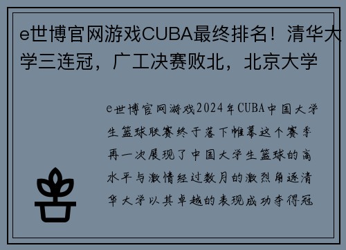 e世博官网游戏CUBA最终排名！清华大学三连冠，广工决赛败北，北京大学第5名收官