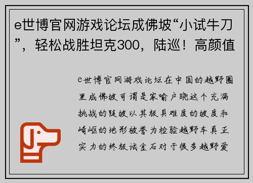 e世博官网游戏论坛成佛坡“小试牛刀”，轻松战胜坦克300，陆巡！高颜值SUV仅需10万出头 - 副本